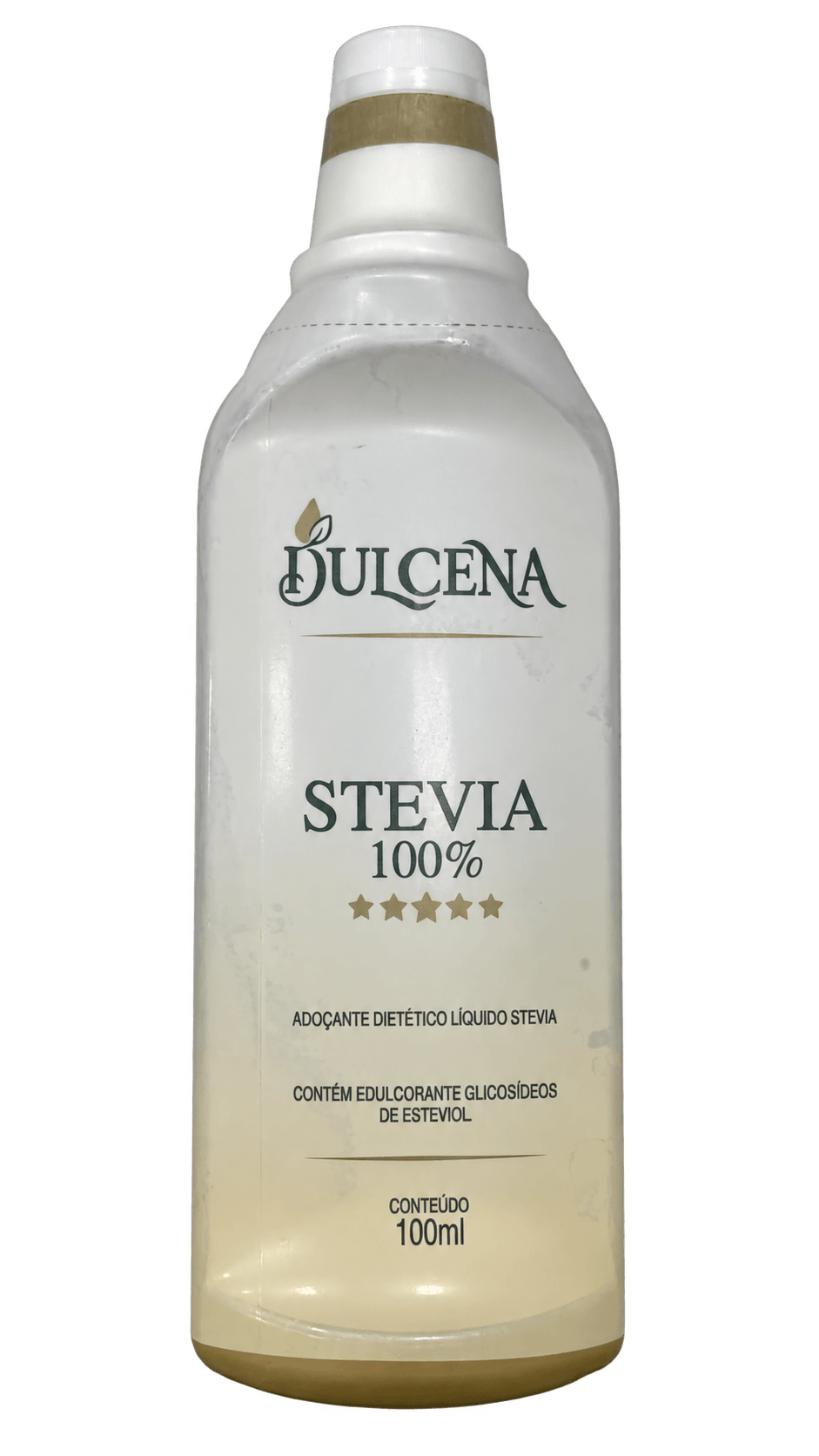Frasco Dulcena de 100 ml, com tampa branca e rótulo verde e dourado; tratamento da foto original para retirar o fundo.
